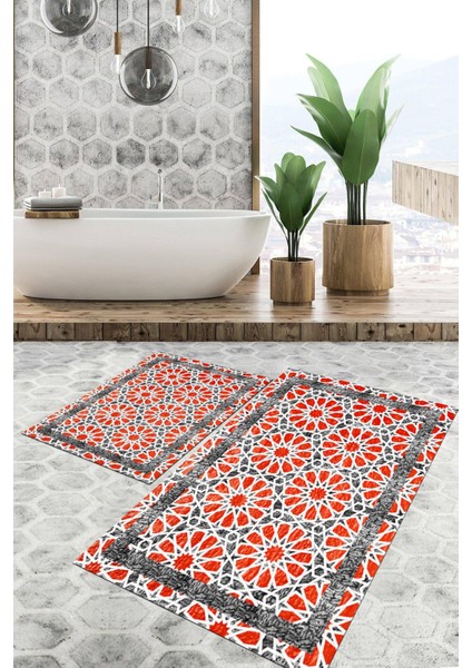 Dijital Baskılı Kaymaz Tabanlı Yıkanabilir 2'li Set Banya Halısı Klozet Takımı Paspas VHKZ-SD-811