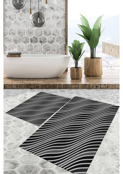 Dijital Baskılı Kaymaz Tabanlı Yıkanabilir 2'li Set Banya Halısı Klozet Takımı Paspas VHKZ-SD-824