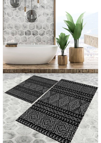 Dijital Baskılı Kaymaz Tabanlı Yıkanabilir 2'li Set Banya Halısı Klozet Takımı Paspas VHKZ-SD-840