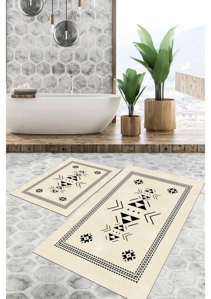 Dijital Baskılı Kaymaz Tabanlı Yıkanabilir 2'li Set Banya Halısı Klozet Takımı Paspas VHKZ-SD-861