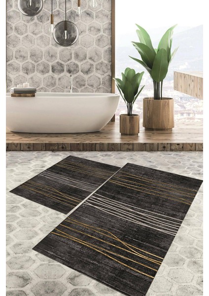 Dijital Baskılı Kaymaz Tabanlı Yıkanabilir 2'li Set Banya Halısı Klozet Takımı Paspas VHKZ-HT-702