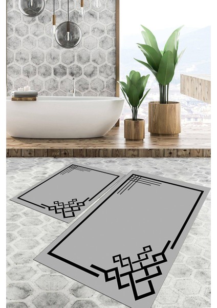 Dijital Baskılı Kaymaz Tabanlı Yıkanabilir 2'li Set Banya Halısı Klozet Takımı Paspas VHKZ-HT-855
