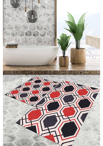 Dijital Baskılı Kaymaz Tabanlı Yıkanabilir 2'li Set Banya Halısı Klozet Takımı Paspas VHKZ-SD-883