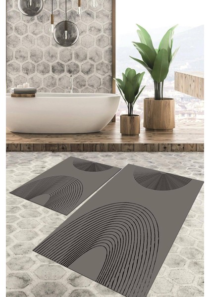 Dijital Baskılı Kaymaz Tabanlı Yıkanabilir 2'li Set Banya Halısı Klozet Takımı Paspas VHKZ-SD-904
