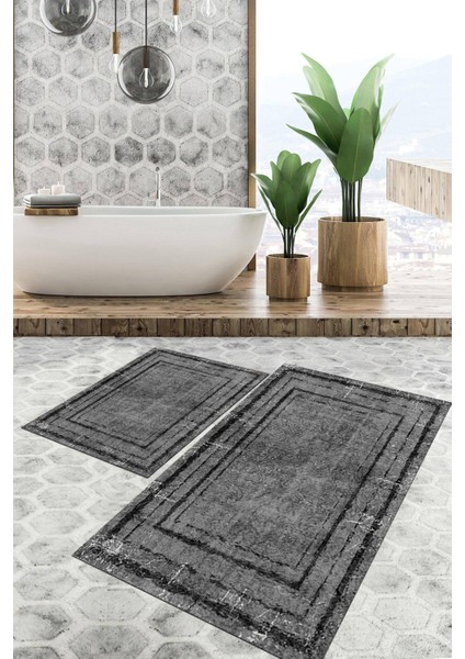 Dijital Baskılı Kaymaz Tabanlı Yıkanabilir 2'li Set Banya Halısı Klozet Takımı Paspas VHKZ-HT-973