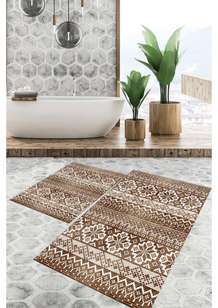 Dijital Baskılı Kaymaz Tabanlı Yıkanabilir 2'li Set Banya Halısı Klozet Takımı Paspas VHKZ-HT-990