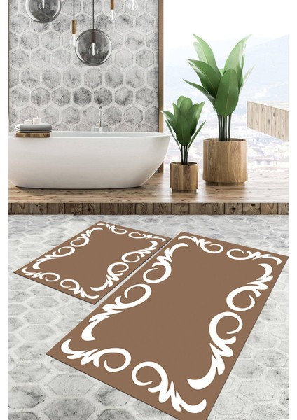 Dijital Baskılı Kaymaz Tabanlı Yıkanabilir 2'li Set Banya Halısı Klozet Takımı Paspas VHKZ-HT-874