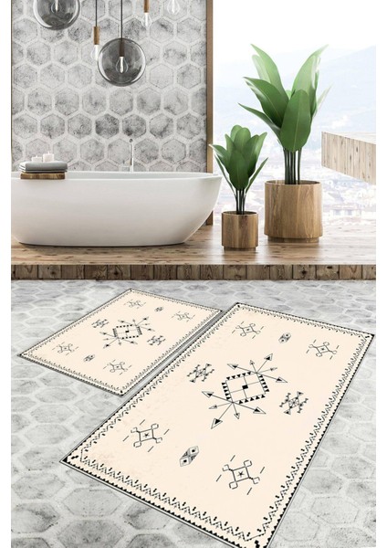 Dijital Baskılı Kaymaz Tabanlı Yıkanabilir 2'li Set Banya Halısı Klozet Takımı Paspas VHKZ-SD-961