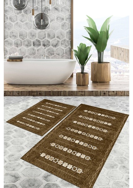 Dijital Baskılı Kaymaz Tabanlı Yıkanabilir 2'li Set Banya Halısı Klozet Takımı Paspas VHKZ-SD-1012