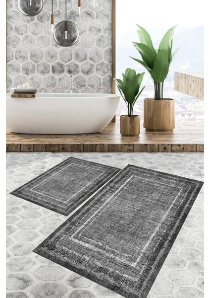 Dijital Baskılı Kaymaz Tabanlı Yıkanabilir 2'li Set Banya Halısı Klozet Takımı Paspas VHKZ-HT-972