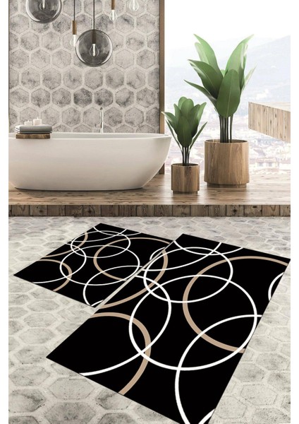 Dijital Baskılı Kaymaz Tabanlı Yıkanabilir 2'li Set Banya Halısı Klozet Takımı Paspas VHKZ-SD-992