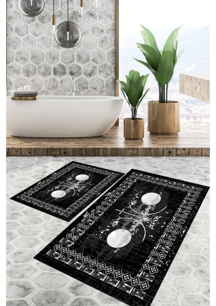 Dijital Baskılı Kaymaz Tabanlı Yıkanabilir 2'li Set Banya Halısı Klozet Takımı Paspas VHKZ-SD-1070