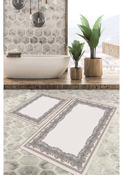 Dijital Baskılı Kaymaz Tabanlı Yıkanabilir 2'li Set Banya Halısı Klozet Takımı Paspas VHKZ-HY-896