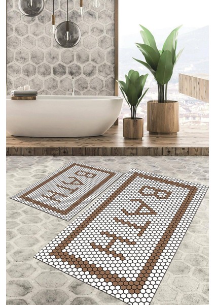 Dijital Baskılı Kaymaz Tabanlı Yıkanabilir 2'li Set Banya Halısı Klozet Takımı Paspas Vhkz-Sd-3