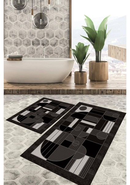 Dijital Baskılı Kaymaz Tabanlı Yıkanabilir 2'li Set Banya Halısı Klozet Takımı Paspas VHKZ-SD-1005