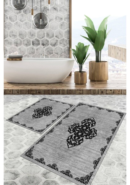 Dijital Baskılı Kaymaz Tabanlı Yıkanabilir 2'li Set Banya Halısı Klozet Takımı Paspas VHKZ-SD-1086