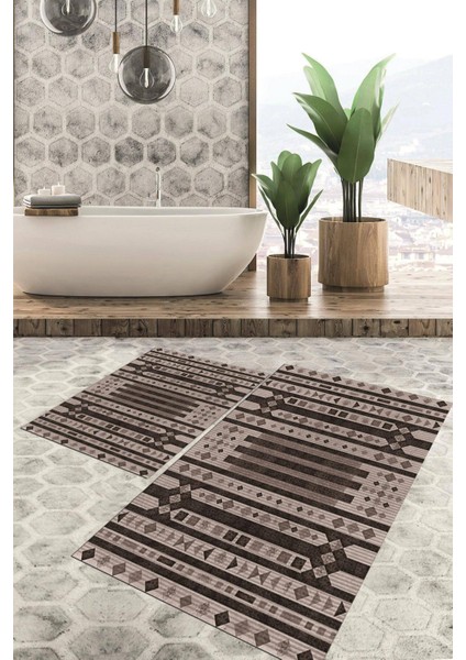 Dijital Baskılı Kaymaz Tabanlı Yıkanabilir 2'li Set Banya Halısı Klozet Takımı Paspas VHKZ-SD-1116