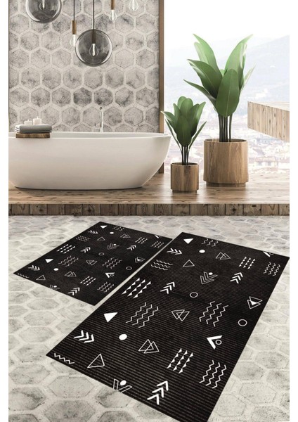 Dijital Baskılı Kaymaz Tabanlı Yıkanabilir 2'li Set Banya Halısı Klozet Takımı Paspas VHKZ-SD-1152