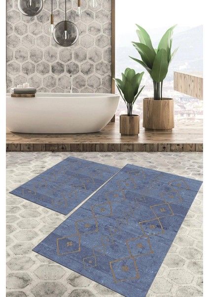 Dijital Baskılı Kaymaz Tabanlı Yıkanabilir 2'li Set Banya Halısı Klozet Takımı Paspas VHKZ-SD-274