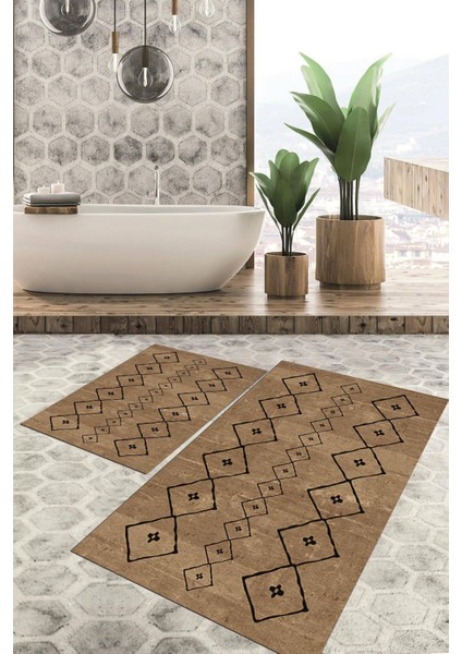 Dijital Baskılı Kaymaz Tabanlı Yıkanabilir 2'li Set Banya Halısı Klozet Takımı Paspas VHKZ-SD-275