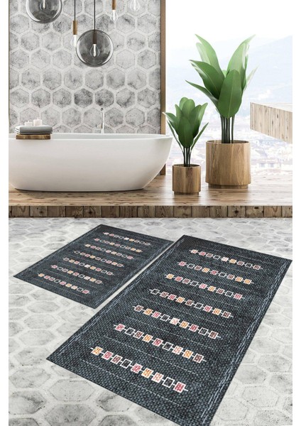 Dijital Baskılı Kaymaz Tabanlı Yıkanabilir 2'li Set Banya Halısı Klozet Takımı Paspas VHKZ-SD-1011