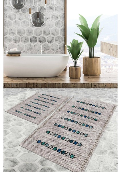 Dijital Baskılı Kaymaz Tabanlı Yıkanabilir 2'li Set Banya Halısı Klozet Takımı Paspas VHKZ-SD-1015