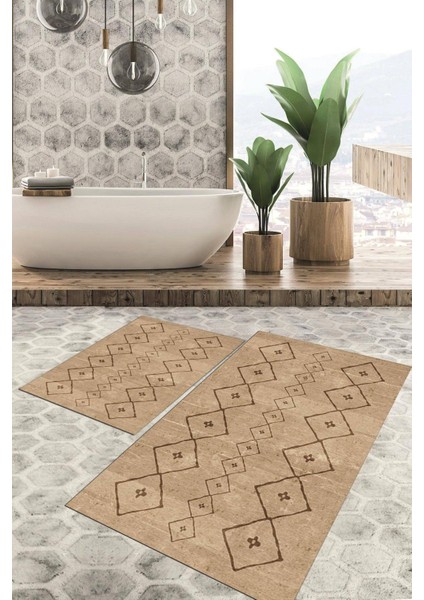 Dijital Baskılı Kaymaz Tabanlı Yıkanabilir 2'li Set Banya Halısı Klozet Takımı Paspas VHKZ-SD-277