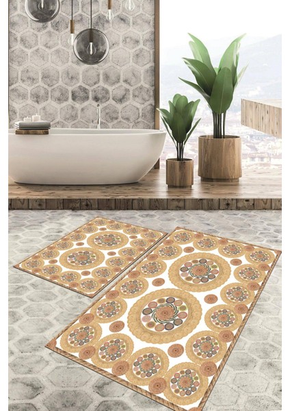 Dijital Baskılı Kaymaz Tabanlı Yıkanabilir 2'li Set Banya Halısı Klozet Takımı Paspas VHKZ-SD-337