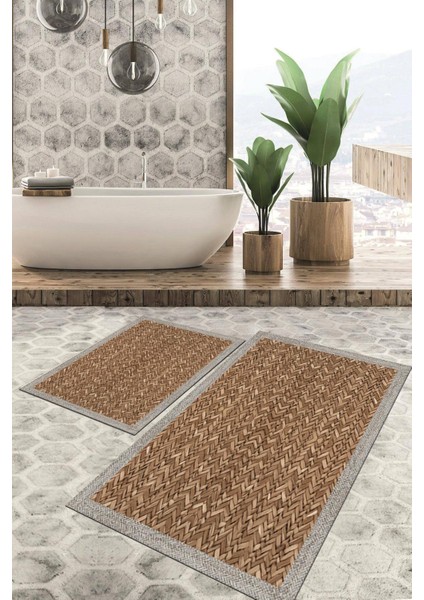 Dijital Baskılı Kaymaz Tabanlı Yıkanabilir 2'li Set Banya Halısı Klozet Takımı Paspas VHKZ-SD-356