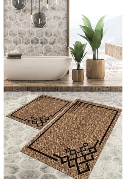 Dijital Baskılı Kaymaz Tabanlı Yıkanabilir 2'li Set Banya Halısı Klozet Takımı Paspas VHKZ-SD-357