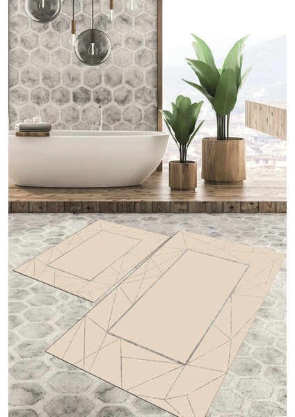 Dijital Baskılı Kaymaz Tabanlı Yıkanabilir 2'li Set Banya Halısı Klozet Takımı Paspas VHKZ-SD-441