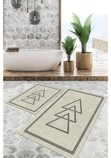 Dijital Baskılı Kaymaz Tabanlı Yıkanabilir 2'li Set Banya Halısı Klozet Takımı Paspas VHKZ-SD-1065