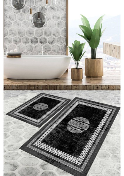 Dijital Baskılı Kaymaz Tabanlı Yıkanabilir 2'li Set Banya Halısı Klozet Takımı Paspas VHKZ-SD-1082