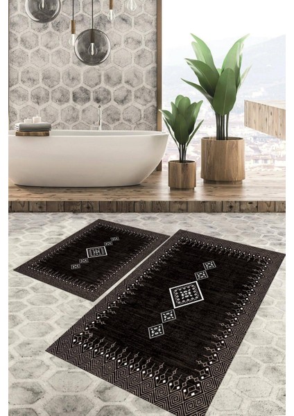 Dijital Baskılı Kaymaz Tabanlı Yıkanabilir 2'li Set Banya Halısı Klozet Takımı Paspas VHKZ-SD-1108