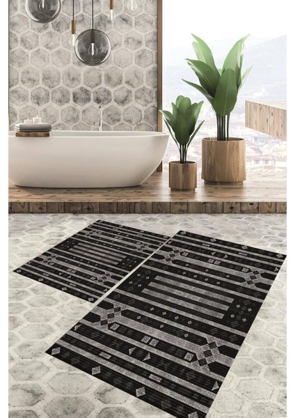 Dijital Baskılı Kaymaz Tabanlı Yıkanabilir 2'li Set Banya Halısı Klozet Takımı Paspas VHKZ-SD-1117