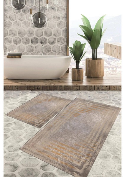 Dijital Baskılı Kaymaz Tabanlı Yıkanabilir 2'li Set Banya Halısı Klozet Takımı Paspas VHKZ-SD-234