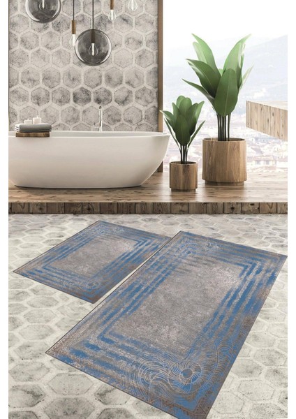 Dijital Baskılı Kaymaz Tabanlı Yıkanabilir 2'li Set Banya Halısı Klozet Takımı Paspas VHKZ-SD-235