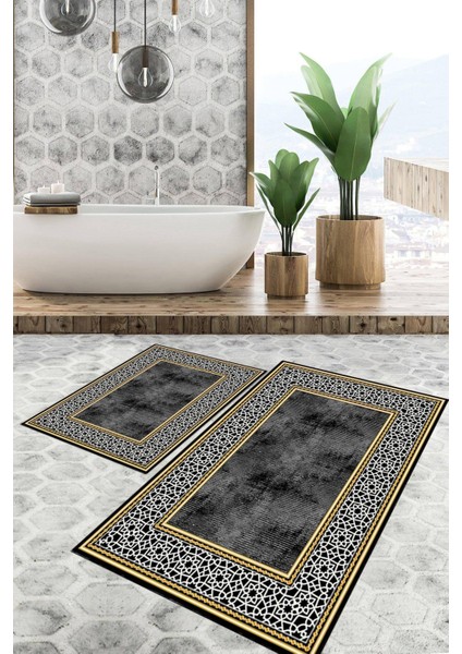 Dijital Baskılı Kaymaz Tabanlı Yıkanabilir 2'li Set Banya Halısı Klozet Takımı Paspas VHKZ-SD-759