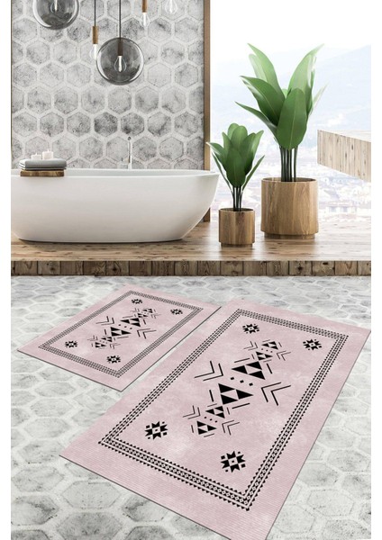 Dijital Baskılı Kaymaz Tabanlı Yıkanabilir 2'li Set Banya Halısı Klozet Takımı Paspas VHKZ-SD-859