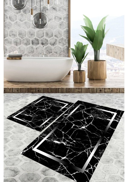 Dijital Baskılı Kaymaz Tabanlı Yıkanabilir 2'li Set Banya Halısı Klozet Takımı Paspas VHKZ-SD-575