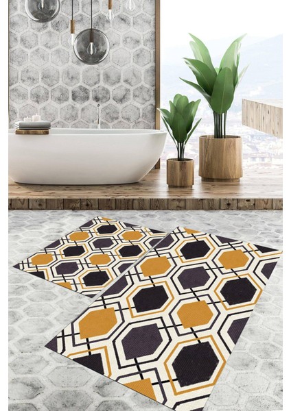 Dijital Baskılı Kaymaz Tabanlı Yıkanabilir 2'li Set Banya Halısı Klozet Takımı Paspas VHKZ-SD-882