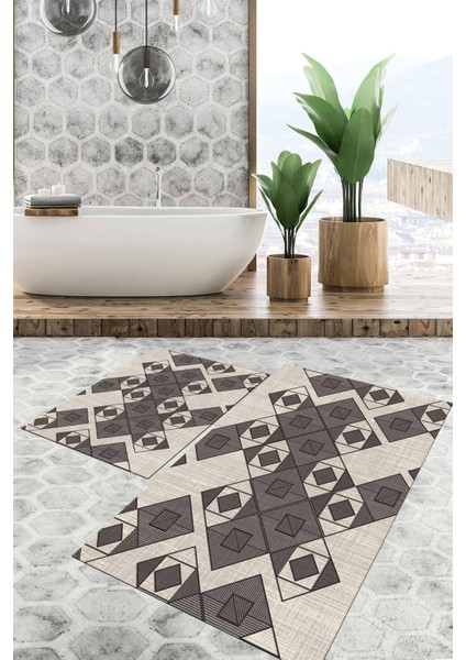 Dijital Baskılı Kaymaz Tabanlı Yıkanabilir 2'li Set Banya Halısı Klozet Takımı Paspas VHKZ-SD-888