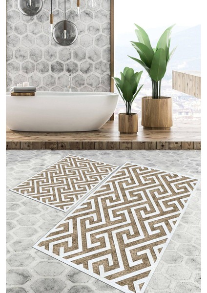 Dijital Baskılı Kaymaz Tabanlı Yıkanabilir 2'li Set Banya Halısı Klozet Takımı Paspas VHKZ-SD-897