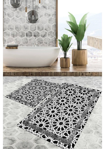 Dijital Baskılı Kaymaz Tabanlı Yıkanabilir 2'li Set Banya Halısı Klozet Takımı Paspas VHKZ-SD-814