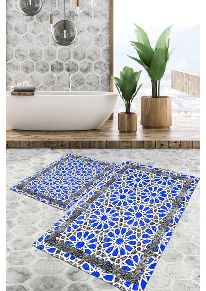 Dijital Baskılı Kaymaz Tabanlı Yıkanabilir 2'li Set Banya Halısı Klozet Takımı Paspas VHKZ-SD-815