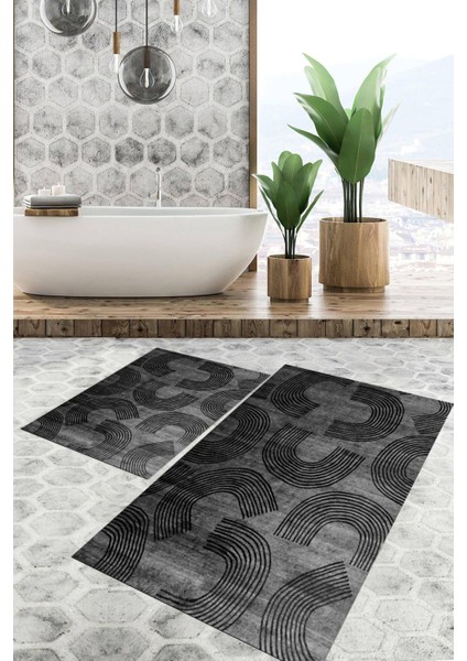 Dijital Baskılı Kaymaz Tabanlı Yıkanabilir 2'li Set Banya Halısı Klozet Takımı Paspas VHKZ-SD-849