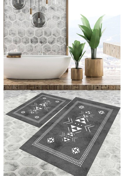 Dijital Baskılı Kaymaz Tabanlı Yıkanabilir 2'li Set Banya Halısı Klozet Takımı Paspas VHKZ-SD-862