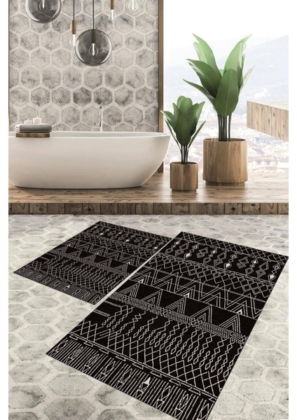 Dijital Baskılı Kaymaz Tabanlı Yıkanabilir 2'li Set Banya Halısı Klozet Takımı Paspas VHKZ-SD-946