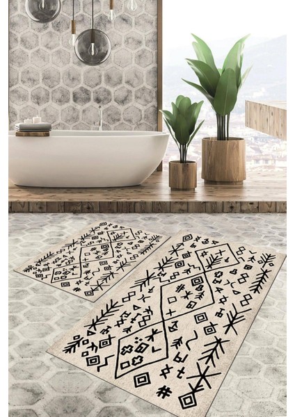 Dijital Baskılı Kaymaz Tabanlı Yıkanabilir 2'li Set Banya Halısı Klozet Takımı Paspas VHKZ-SD-948