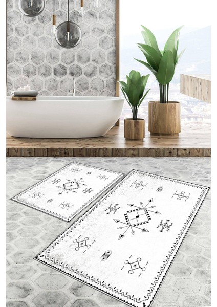 Dijital Baskılı Kaymaz Tabanlı Yıkanabilir 2'li Set Banya Halısı Klozet Takımı Paspas VHKZ-SD-958